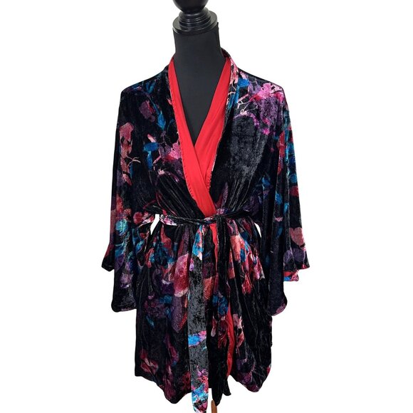 Soma Womens Velvet Floral Kimono Robe Red Lining  Tie Medium Pockets Knee Length - Picture 1 of 8